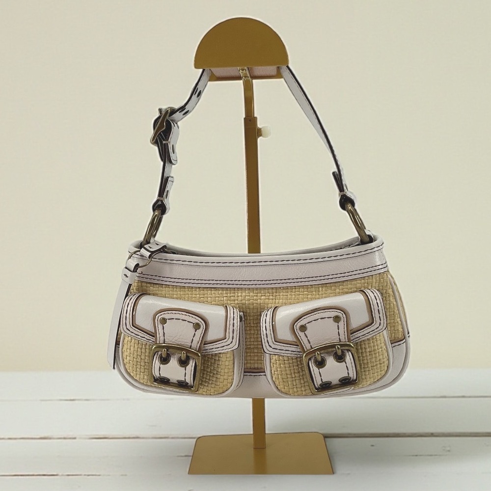 Coach Straw Leather Shoulder Bag‎ White Beige Buckle Flap Pockets
